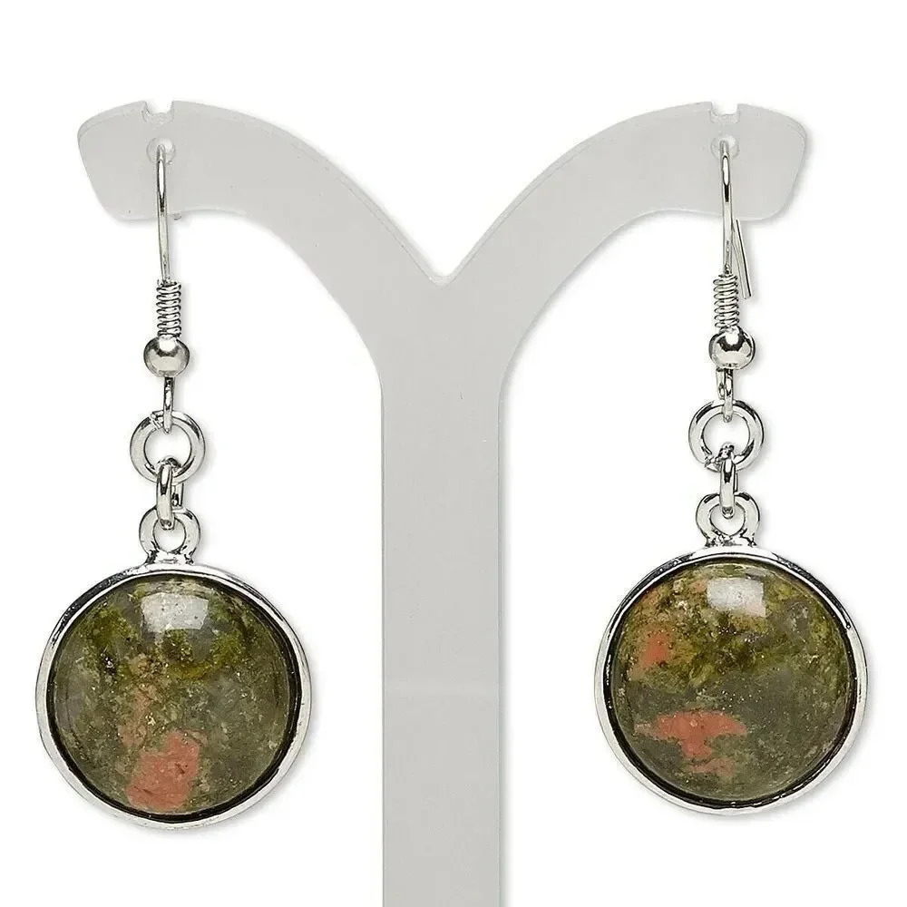 Handcrafted Natural Indian Unakite Gemstone Cabochon Silver Dangle Earrings